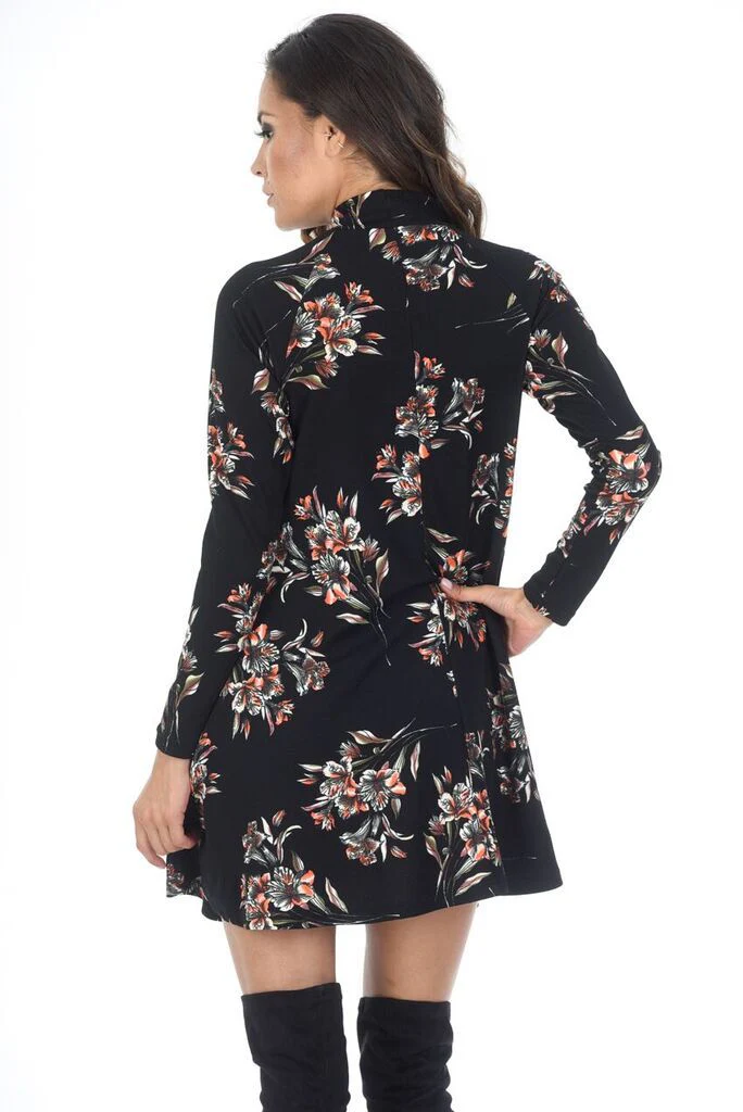Black High Neck Long Sleeve Floral Dress - Image 2