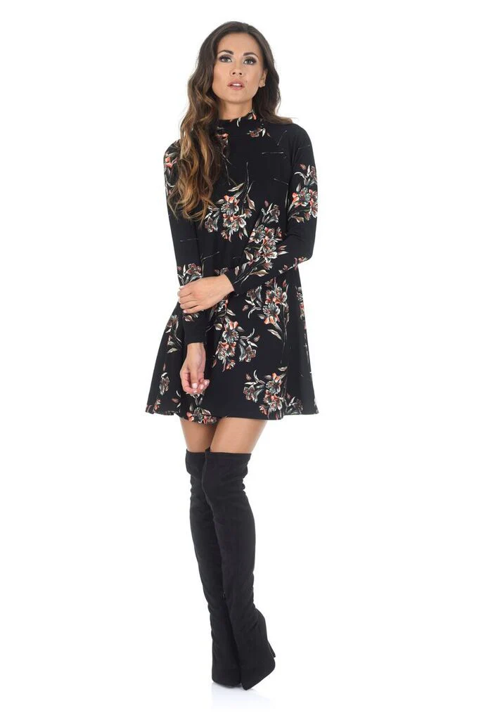 Black High Neck Long Sleeve Floral Dress - Image 3