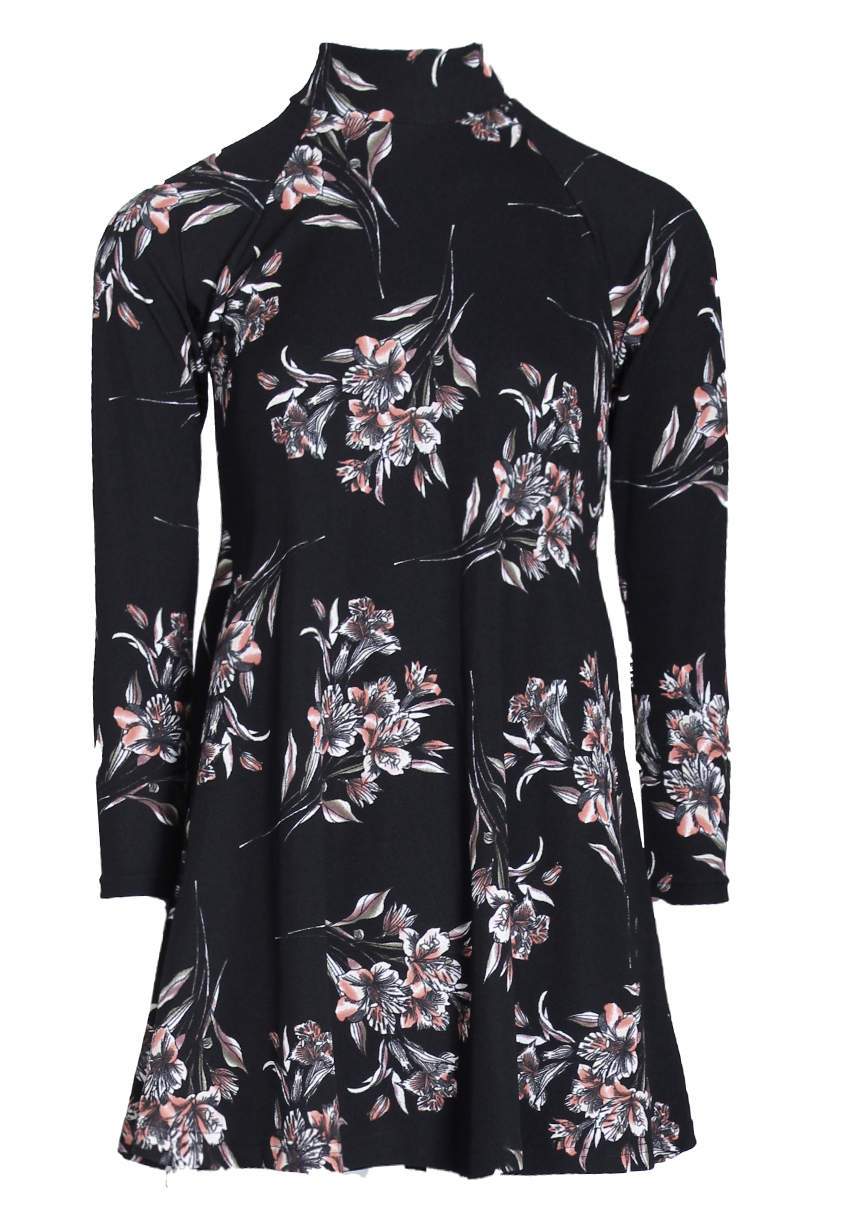 Black High Neck Long Sleeve Floral Dress - Image 4
