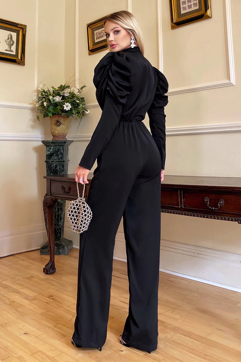Black High Neck Puff Sleeve Jumpsuit - Image 3