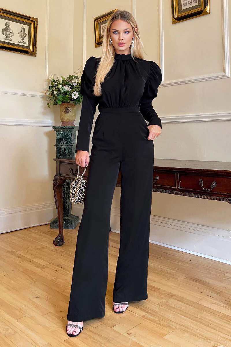 Black High Neck Puff Sleeve Jumpsuit - Image 4