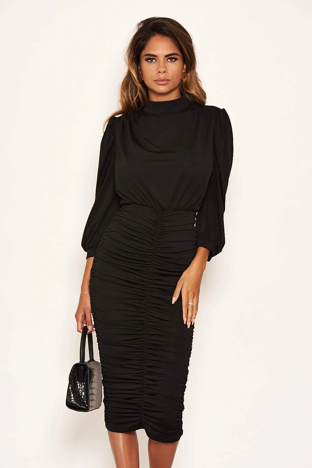 Black High Neck Ruched Midi Dress - Image 4