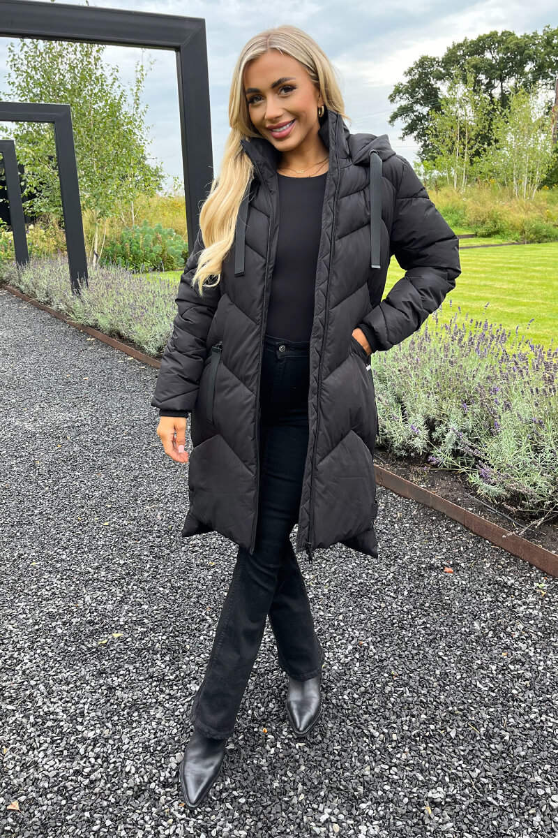 Black Hooded  Long Line Puffer Coat - Image 3