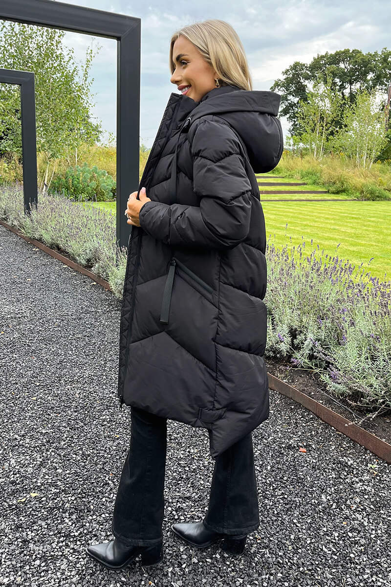 Black Hooded  Long Line Puffer Coat - Image 4