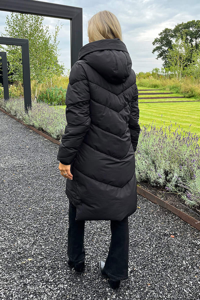 Black Hooded  Long Line Puffer Coat - Image 5
