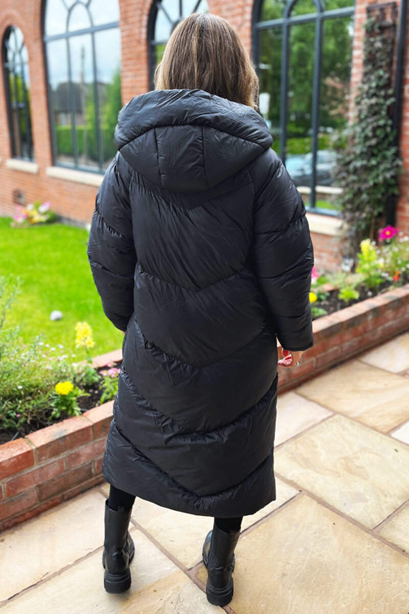 Black Hooded Long Puffer Coat - Image 5