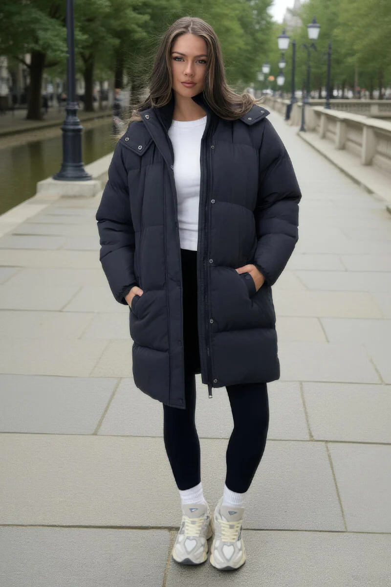 Black Hooded Longline Puffer Coat - Image 2
