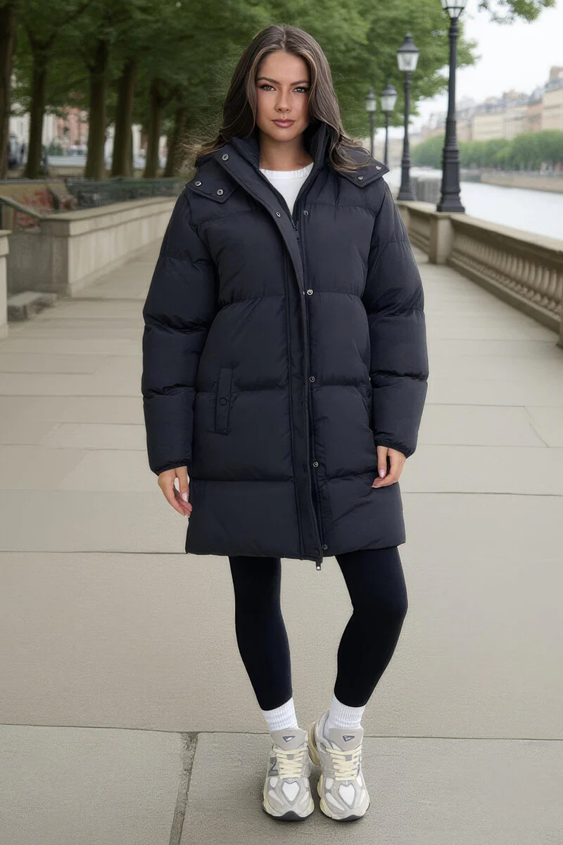 Black Hooded Longline Puffer Coat - Image 3