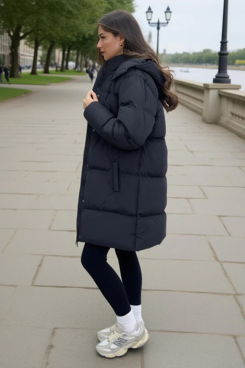 Black Hooded Longline Puffer Coat - Image 4