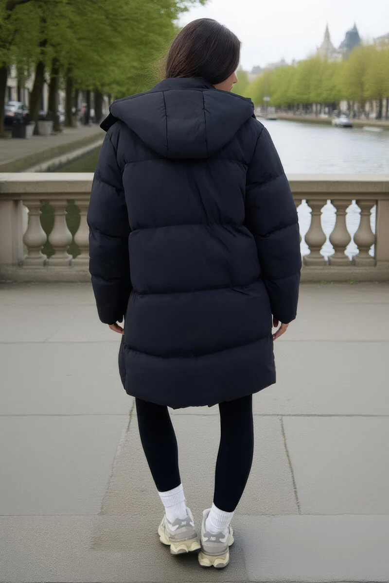Black Hooded Longline Puffer Coat - Image 5