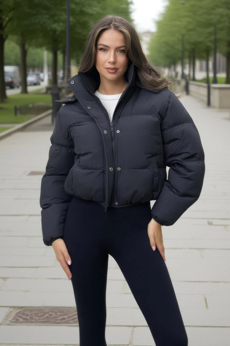 Black Hooded Short Puffer Coat - Image 3