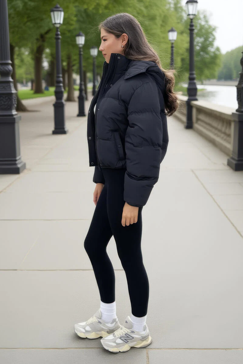 Black Hooded Short Puffer Coat - Image 4