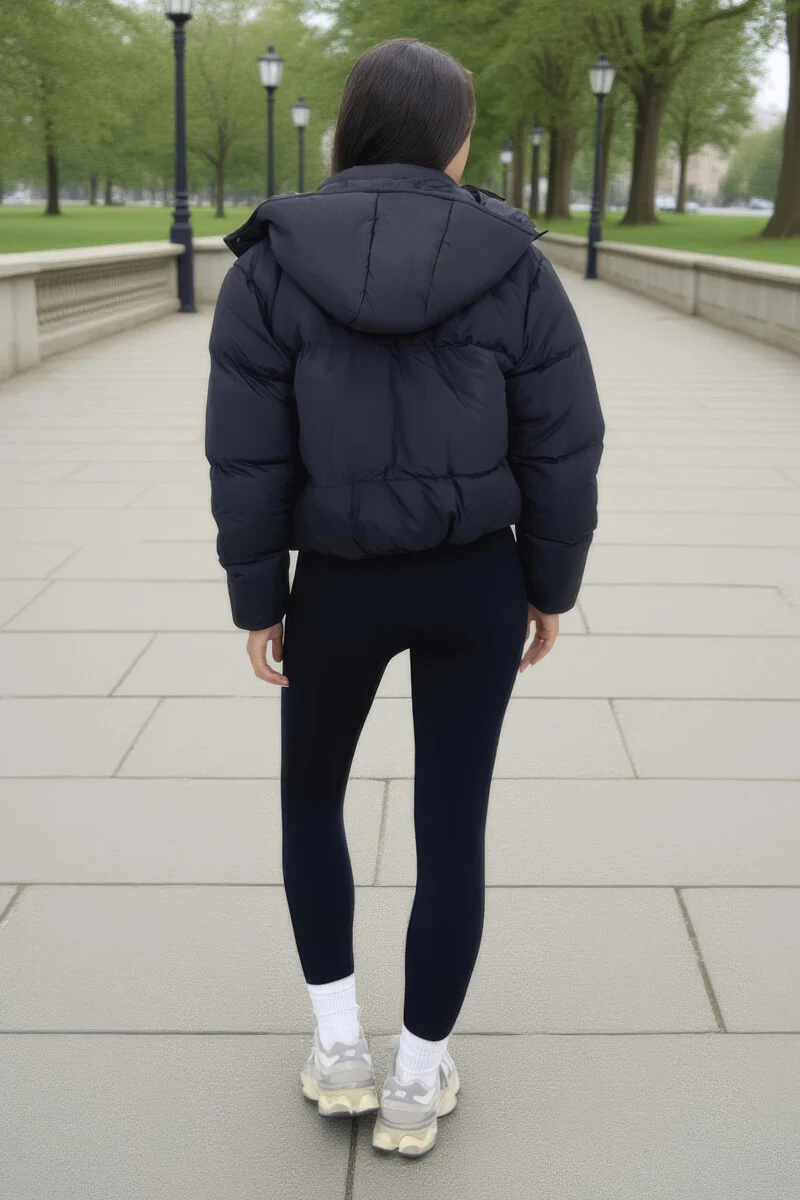 Black Hooded Short Puffer Coat - Image 5