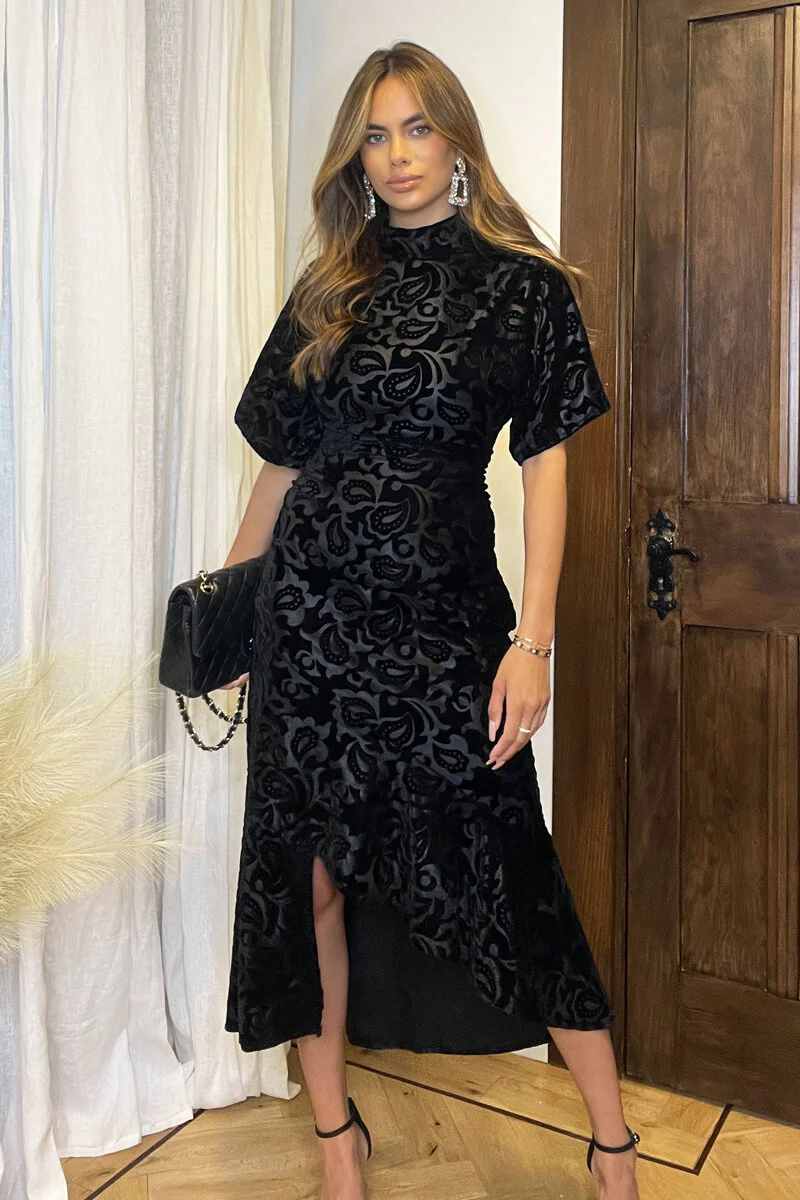 Black Jacquard Velvet Asymmetrical Hem High Neck Midi Dress - Image 2