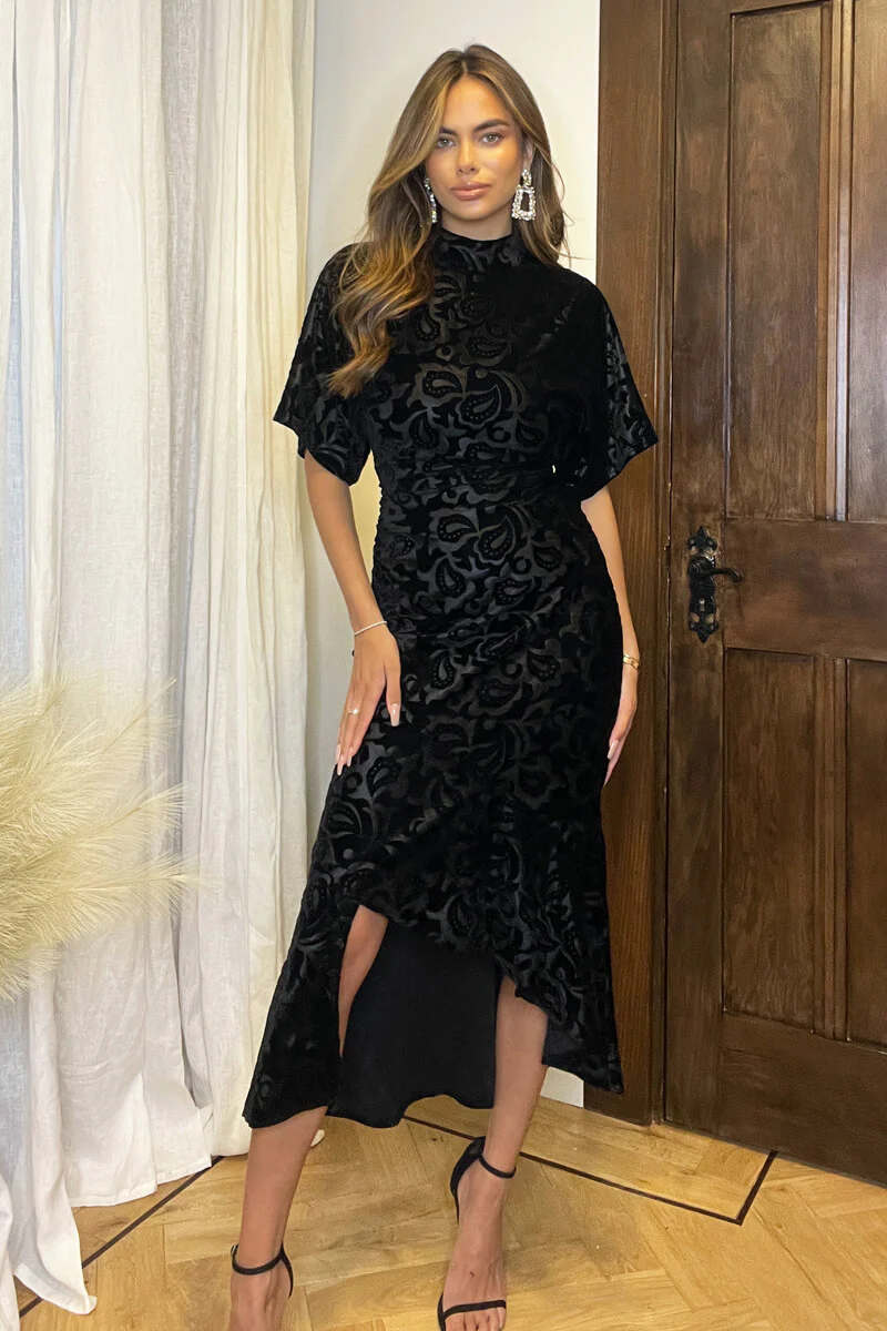 Black Jacquard Velvet Asymmetrical Hem High Neck Midi Dress - Image 3
