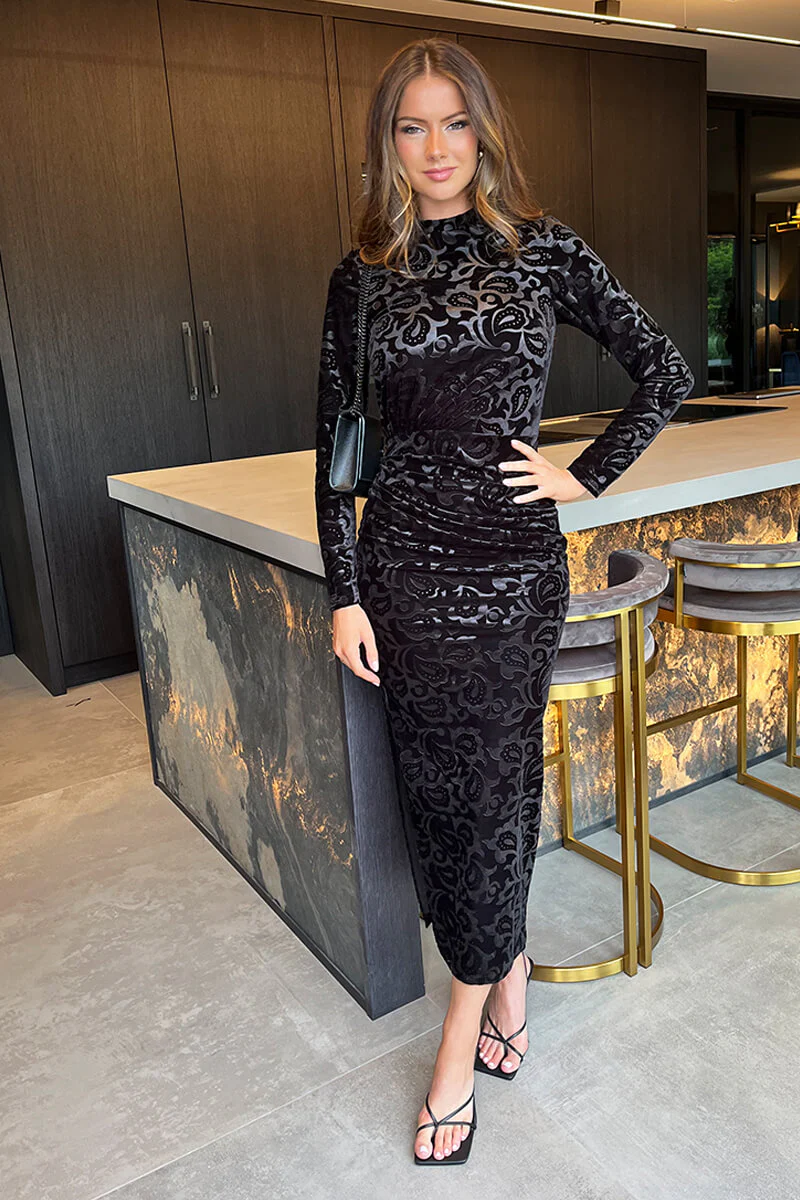 Black Jacquard Velvet Long Sleeve Gathered Side Midi Dress - Image 3