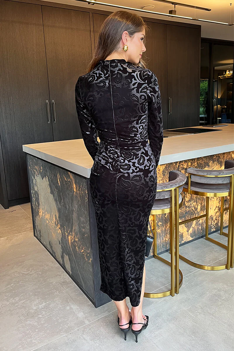 Black Jacquard Velvet Long Sleeve Gathered Side Midi Dress - Image 5