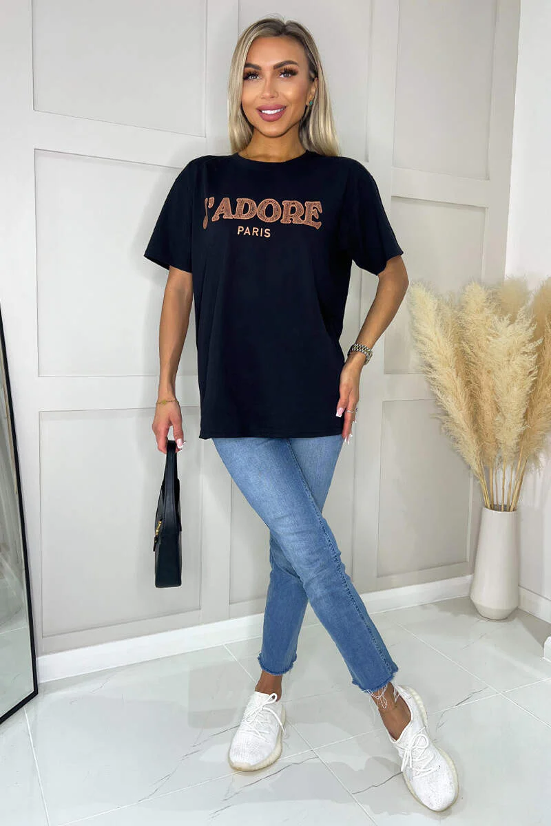 Black J'Adore Rose Gold Slogan T-Shirt - Image 2