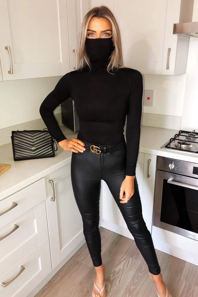 Black Jersey Long Sleeve Mask Bodysuit - Image 3