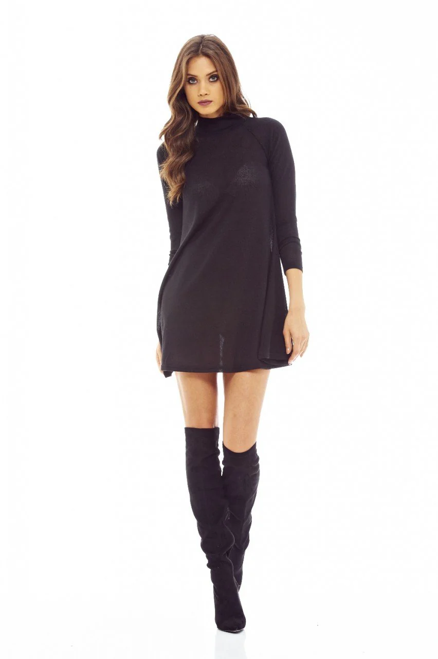 Black Knitted Swing Dress with Turtle Neck Style - Image 2