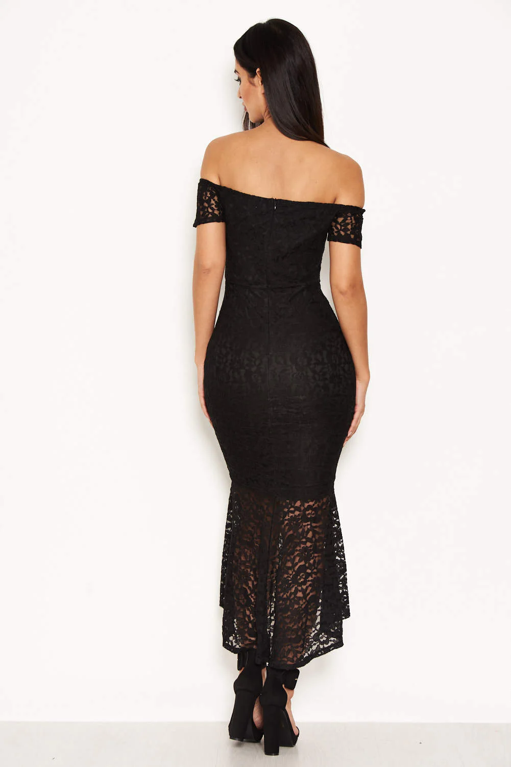 Black Lace Bardot Fishtail Dress - Image 3