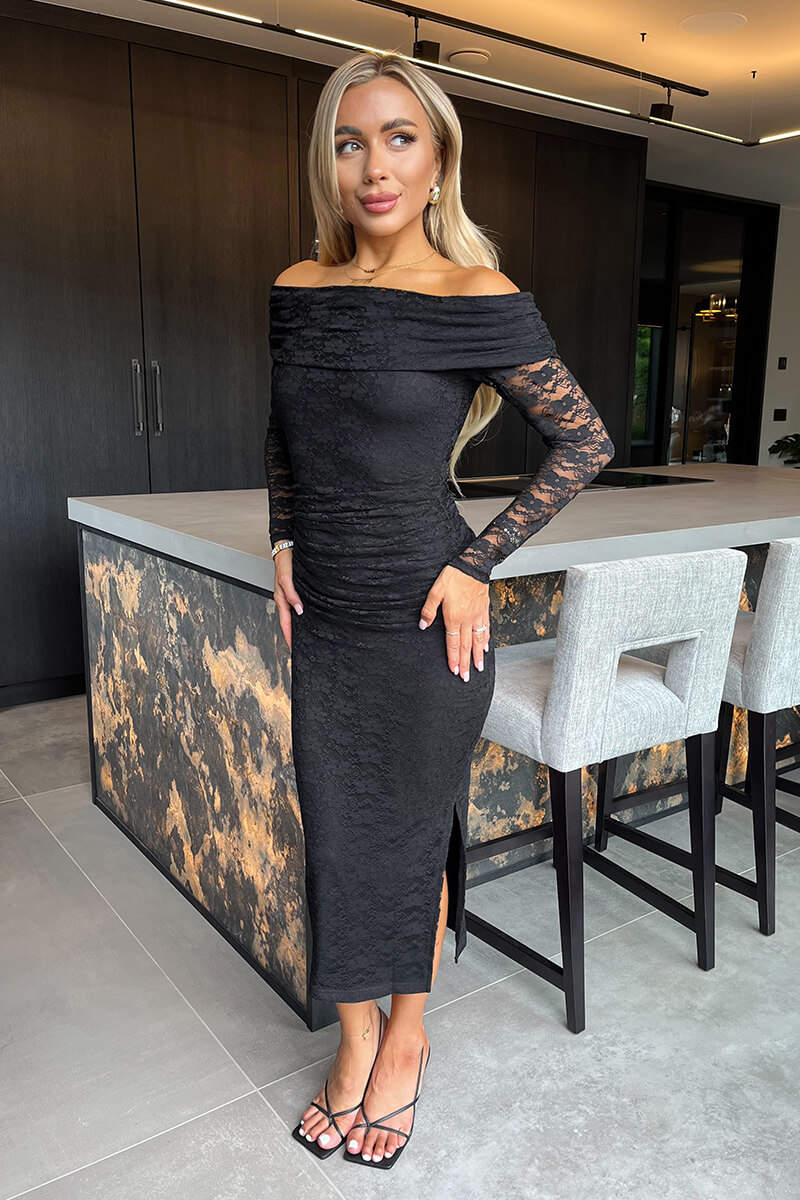Black Lace Bardot Long Sleeve Ruched Bodycon Midi Dress - Image 3
