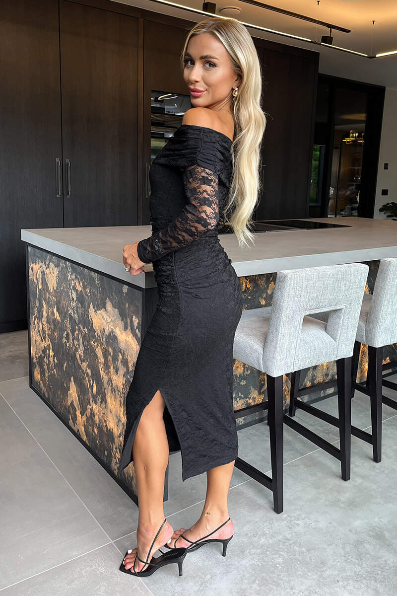 Black Lace Bardot Long Sleeve Ruched Bodycon Midi Dress - Image 4