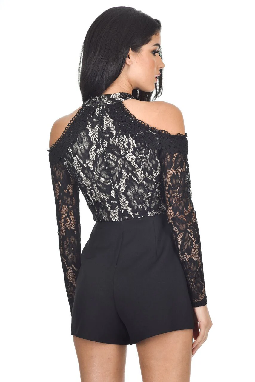 Black Lace Cold Shoulder Playsuit - Image 3