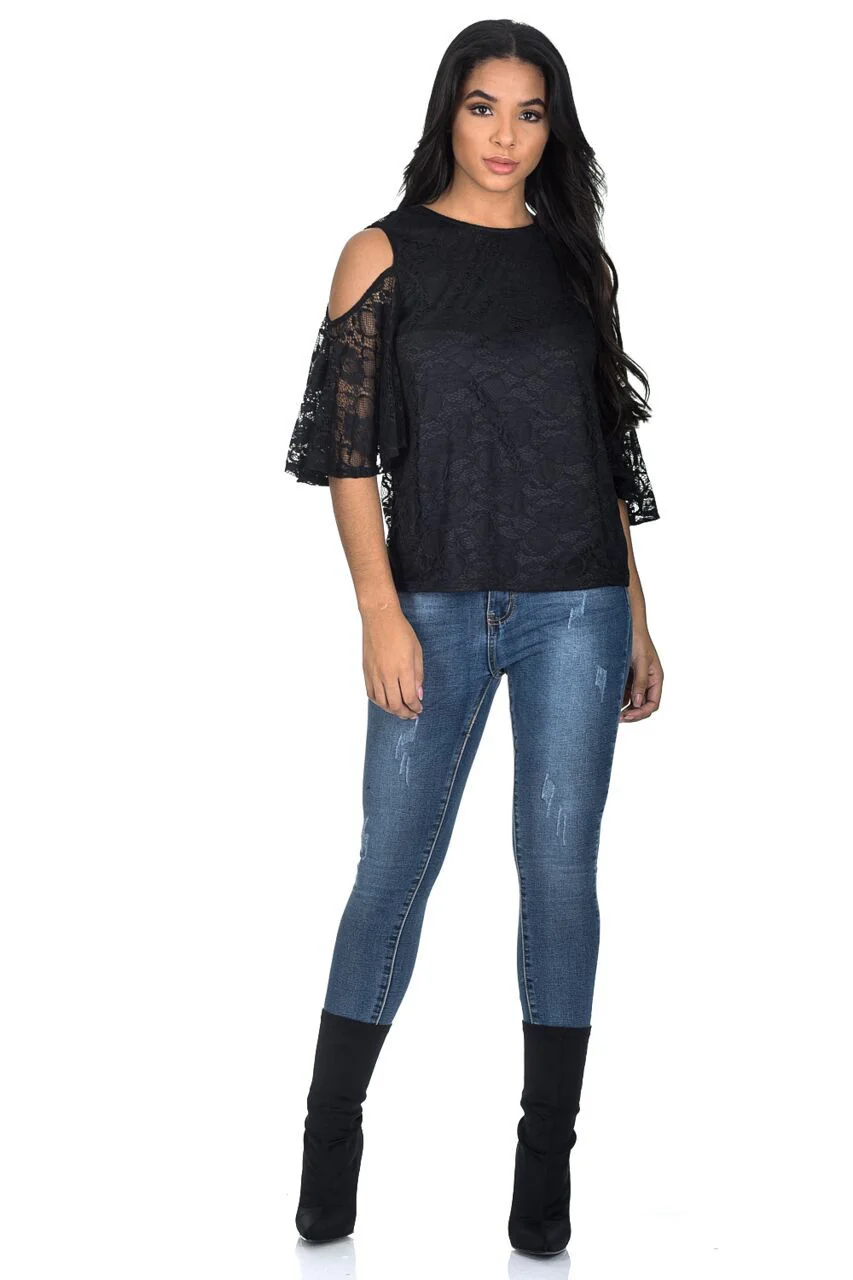 Black Lace Cold Shoulder Top - Image 2