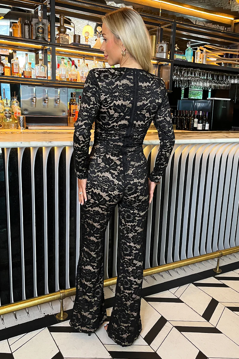 Black Lace Contrast Draped Waist Jumpsuit - Image 5