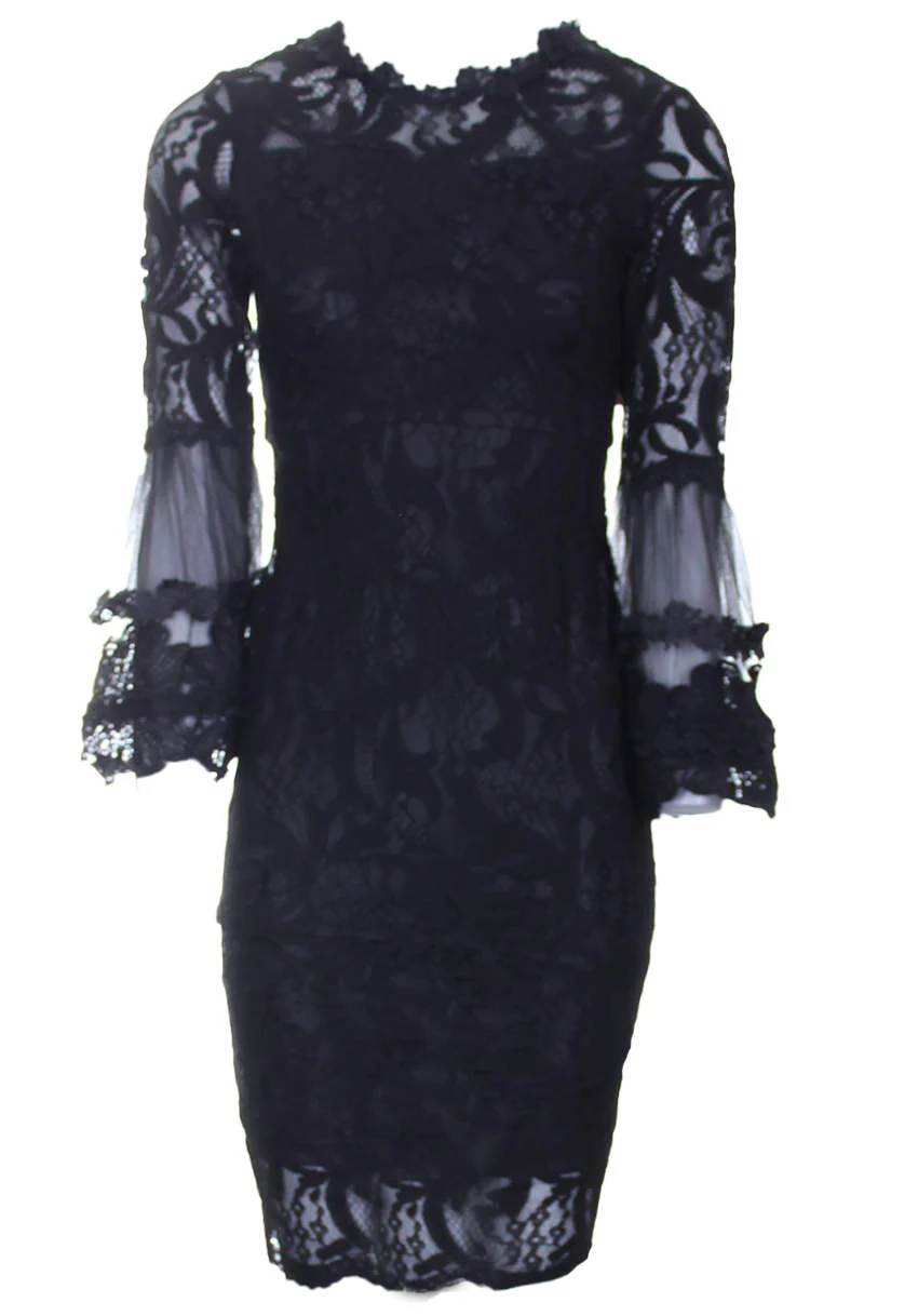 Black Lace Frill Sleeve Midi Dress - Image 4