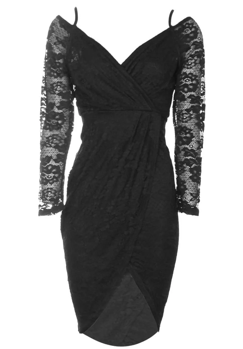 Black Lace Long Sleeved Wrap Dress - Image 4