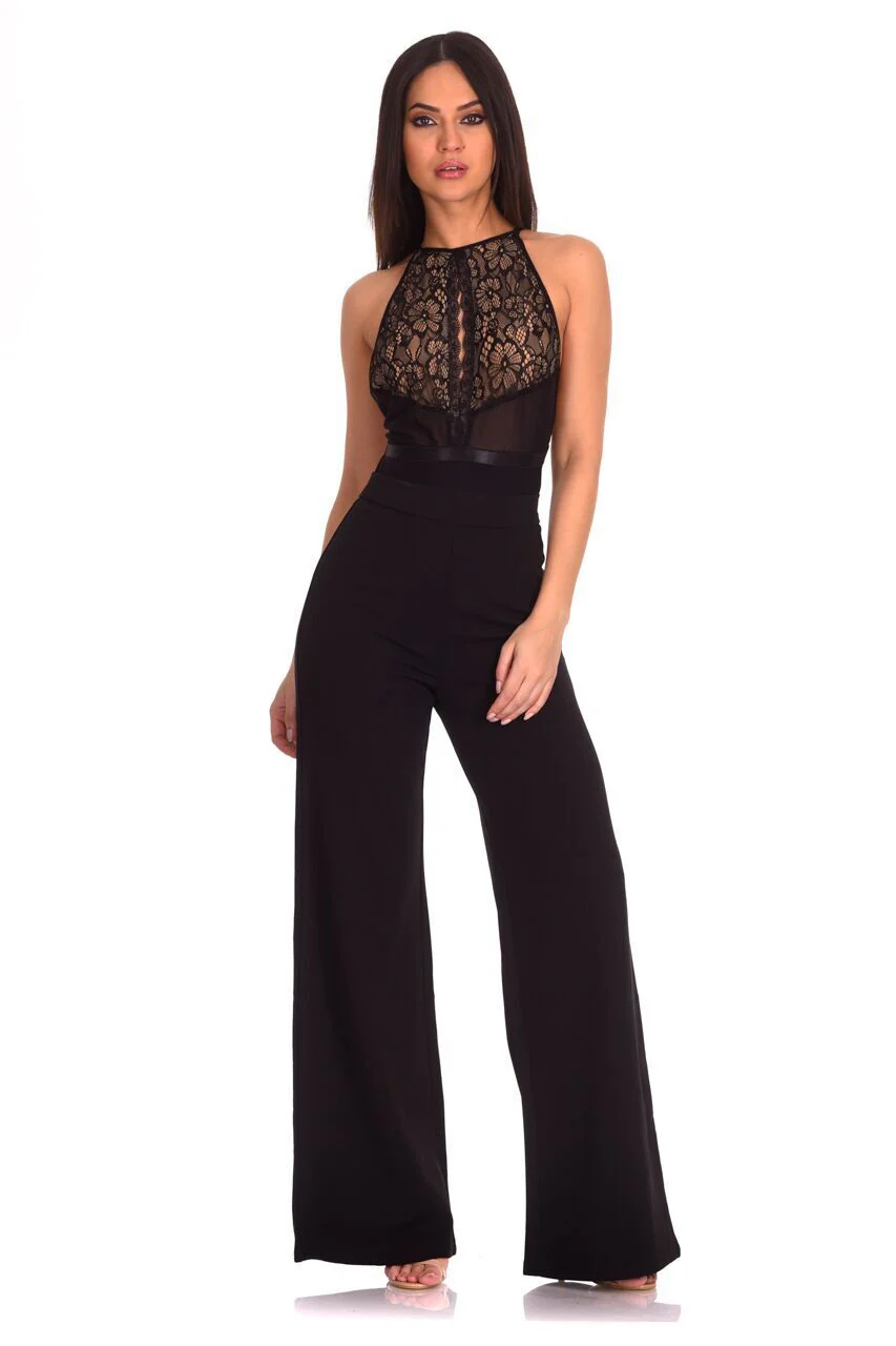 Black Lace Mesh Open Back Bodysuit - Image 2