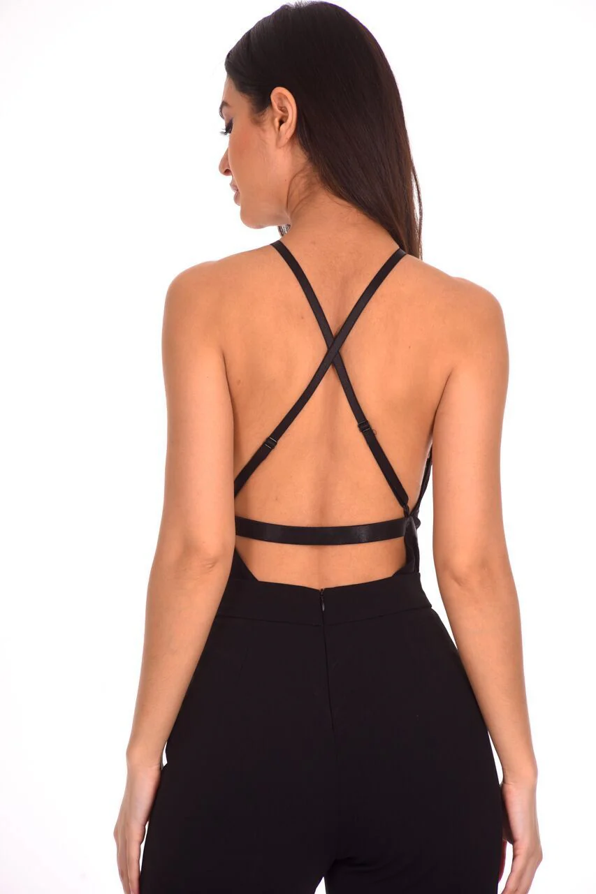 Black Lace Mesh Open Back Bodysuit - Image 3