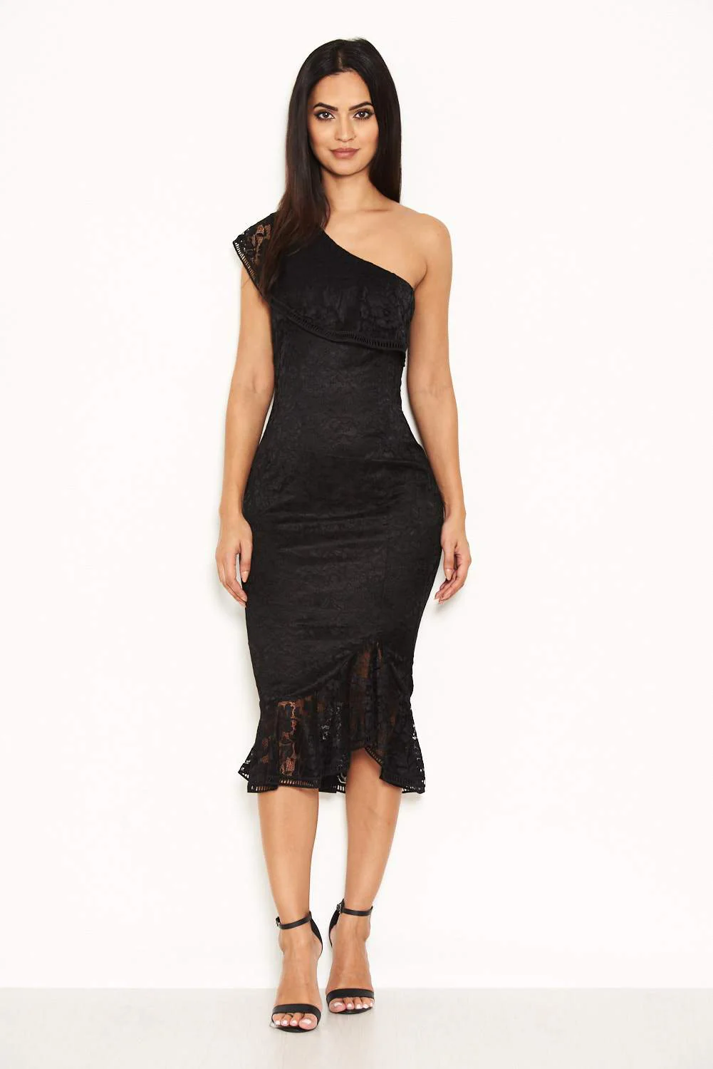 Black Lace One Shoulder Frill Detail Midi Dress - Image 2