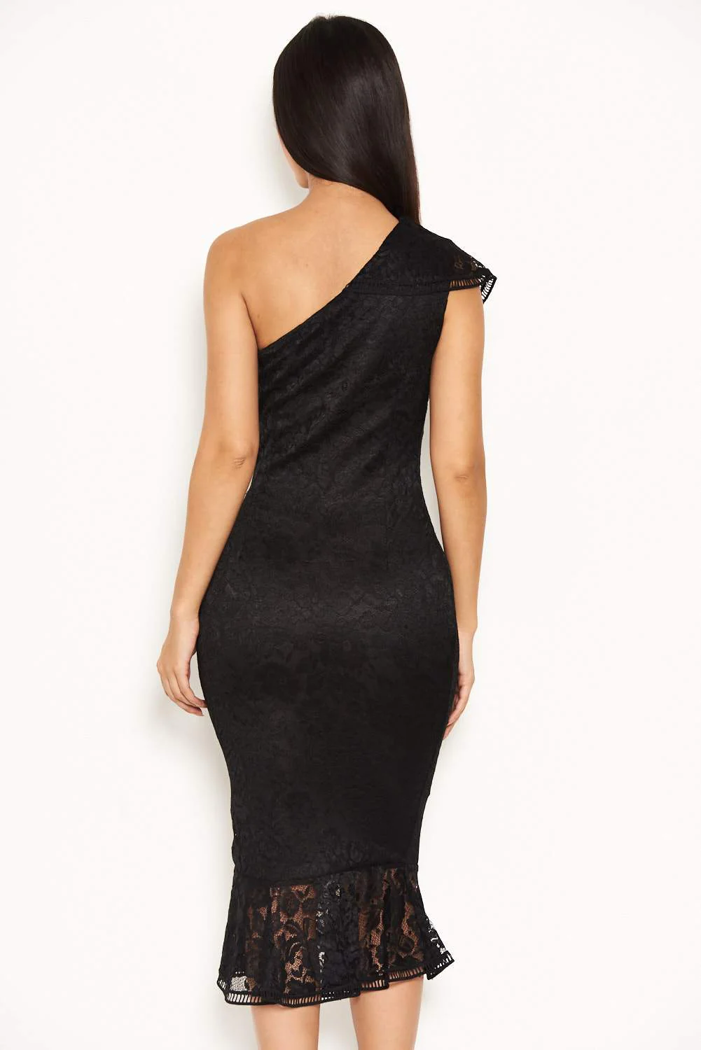 Black Lace One Shoulder Frill Detail Midi Dress - Image 3