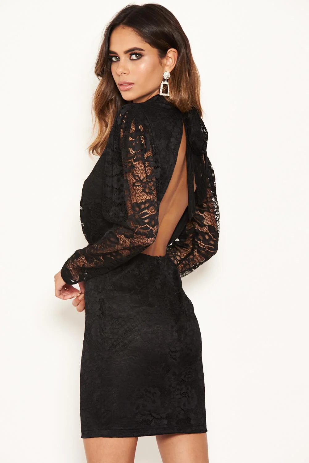 Black Lace Open Back Dress - Image 2