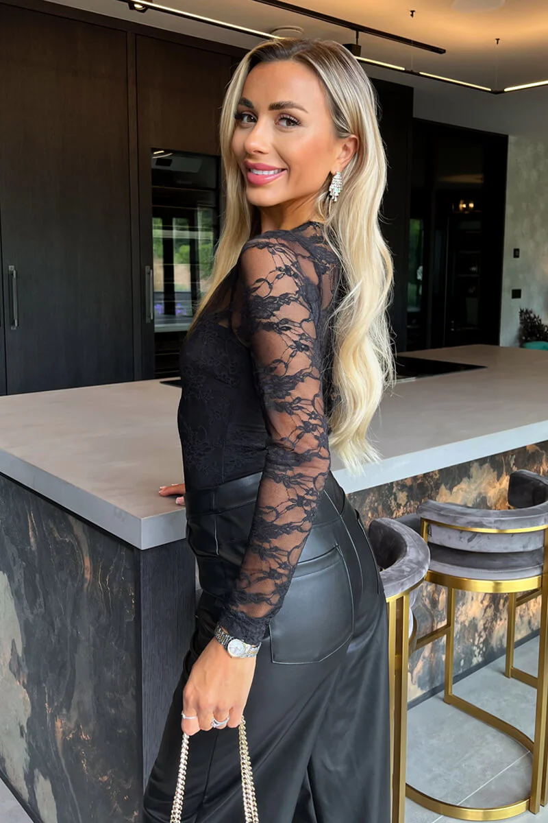 Black Lace Overlay Long Sleeve Bodysuit - Image 4