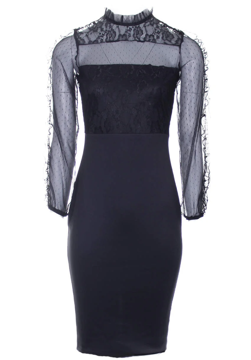Black Lace Sheer Sleeve Midi Dress - Image 4