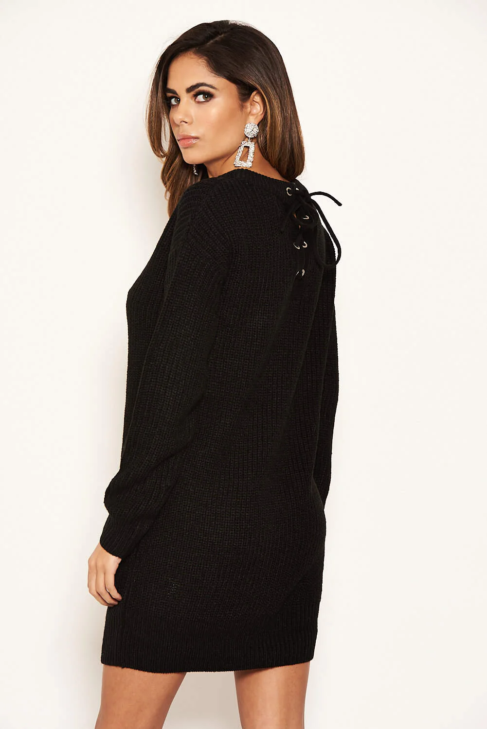 Black Lace Up Back Jumper Dress - Image 3