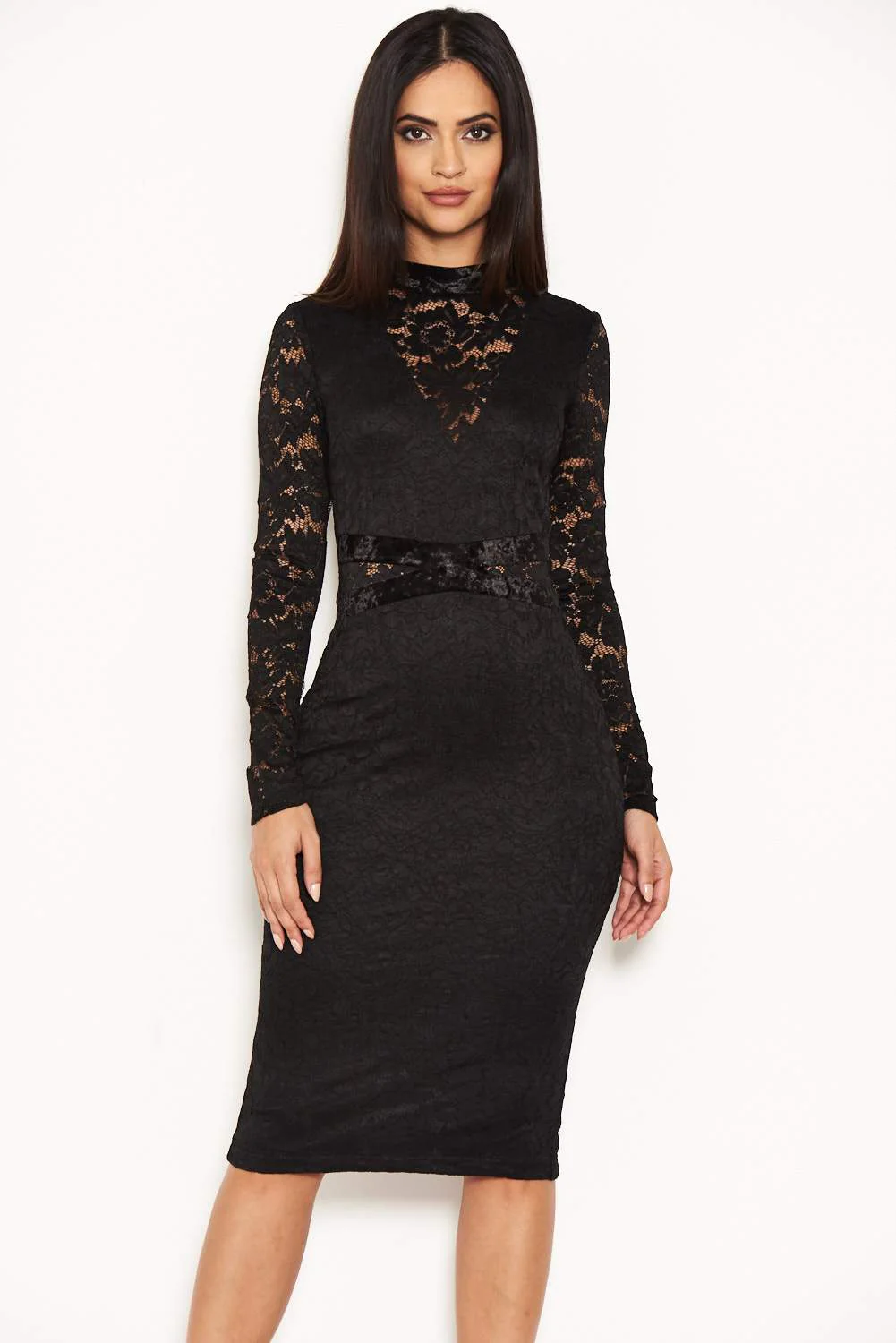 Black Lace Velvet Waist Midi Dress - Image 4