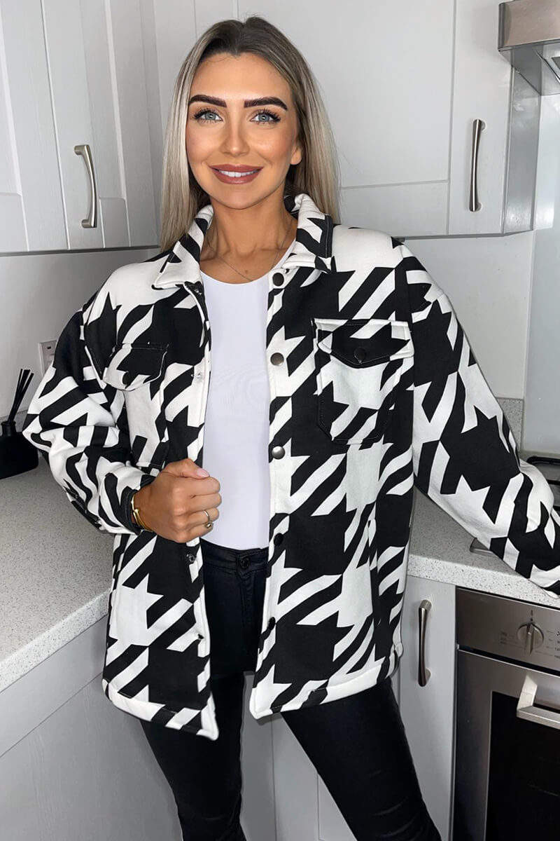 Black Large Dogtooth Print Shirt Jacket - Image 2