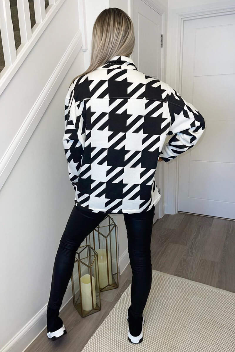 Black Large Dogtooth Print Shirt Jacket - Image 4
