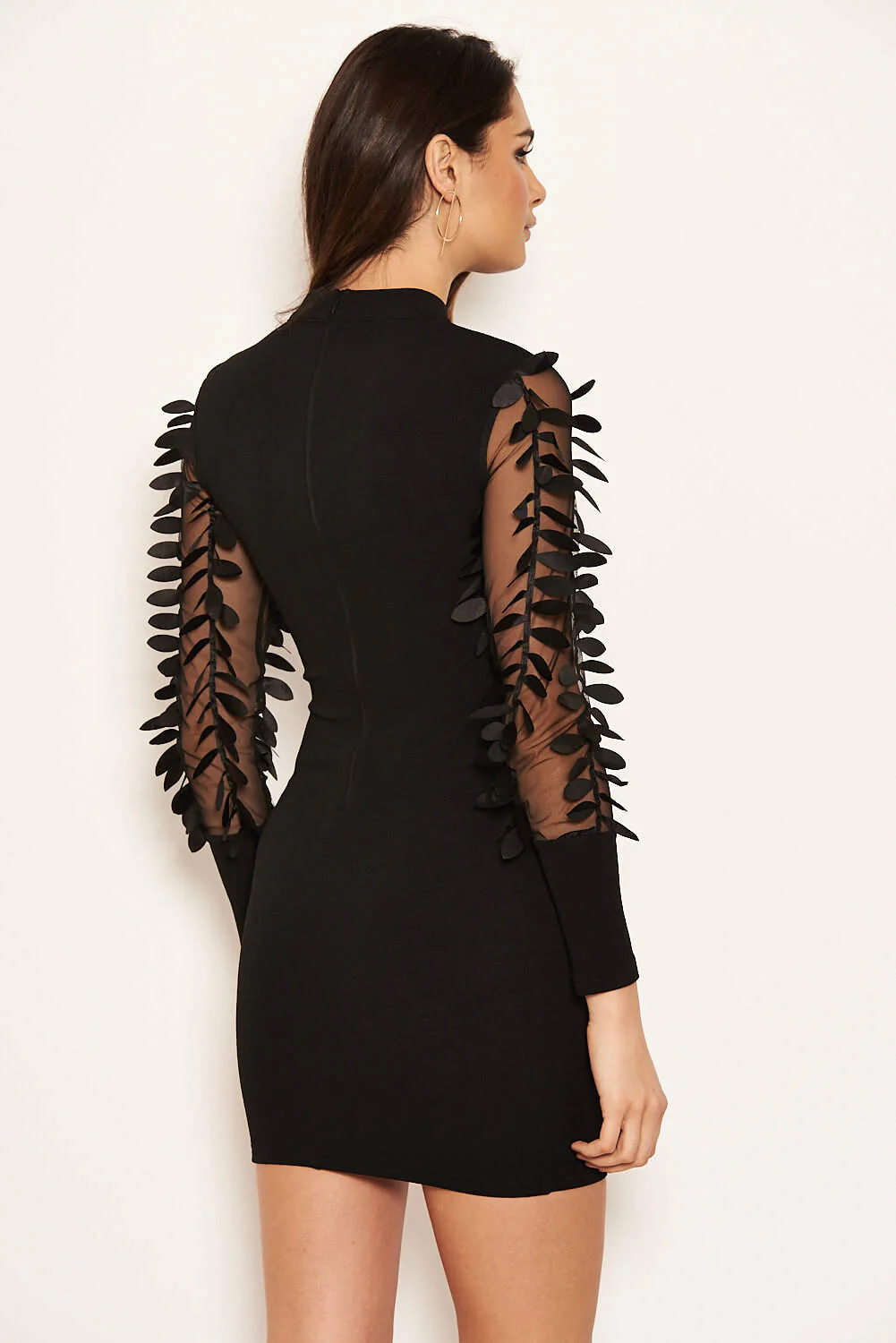 Black Leaf Mesh Sleeve Bodycon Dress - Image 3