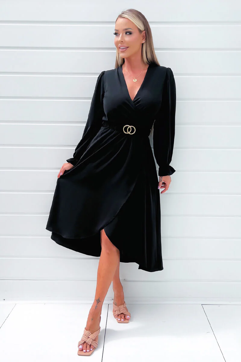 Black Long Sleeve Belted Midi Dress - Image 2