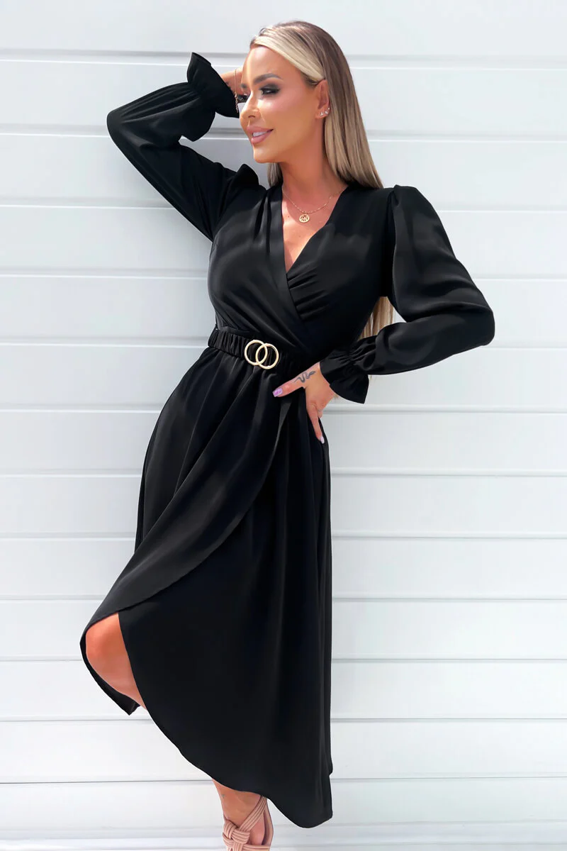 Black Long Sleeve Belted Midi Dress - Image 3