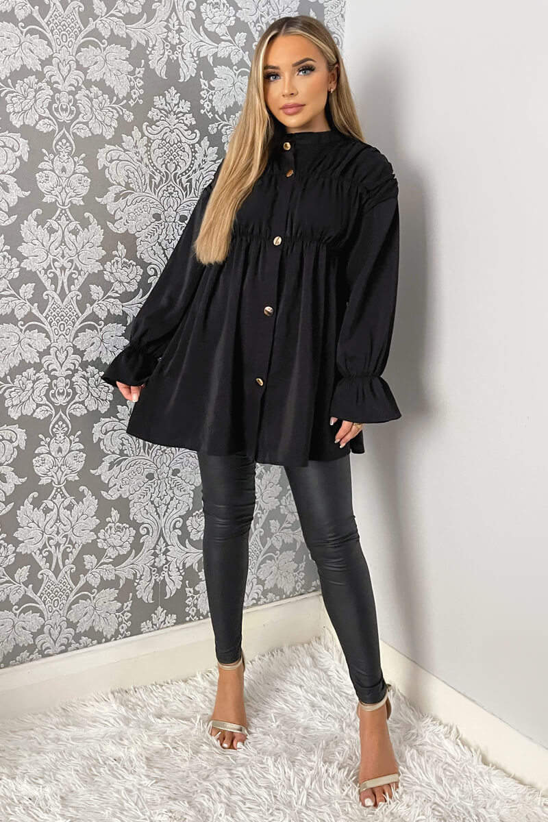Black Long Sleeve Gathered Detail Button Up Top - Image 2