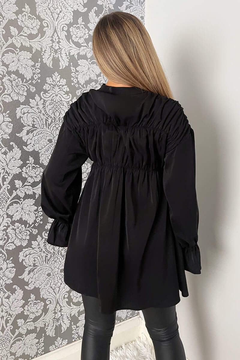 Black Long Sleeve Gathered Detail Button Up Top - Image 3