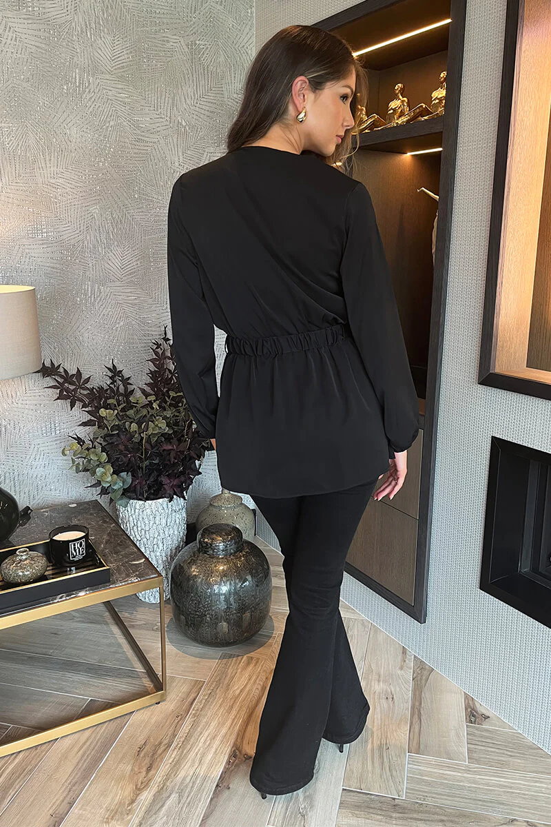 Black Long Sleeve Gold Detail Belt Wrap Top - Image 5