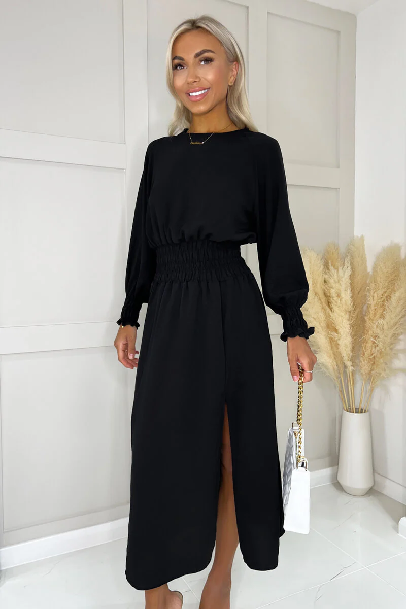 Black Long Sleeve Shirred Detail Midi Dress - Image 4